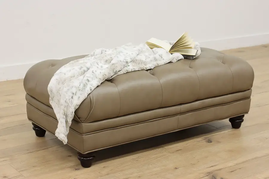 Photo of Traditional Tufted Grey Leather Ottoman Bench Martha Stewart