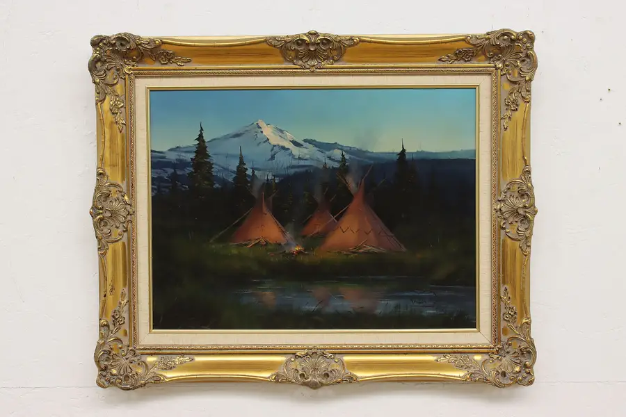 Photo of Native American Tepees Vintage Original Painting Bailey 31"