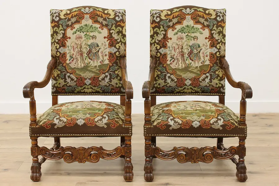 Photo of Pair Renaissance Antique Needlepoint Tapestry Throne Chairs