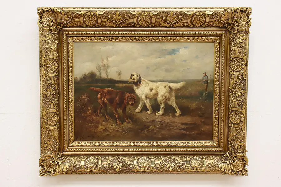 Photo of Dogs & Hunter Antique Original Oil Painting Schouten 48.5"