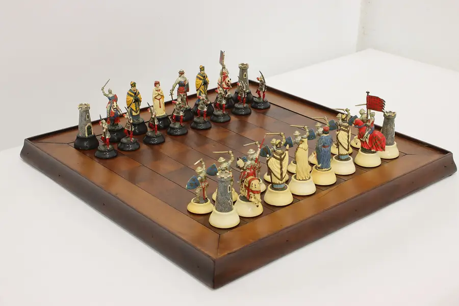 Photo of Medieval Antique Chess Set, Walnut Board & Painted Pieces