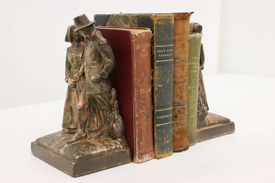 Photo of Pair of Vintage Bronze Finish Pilgrim Couple Bookends, Armor