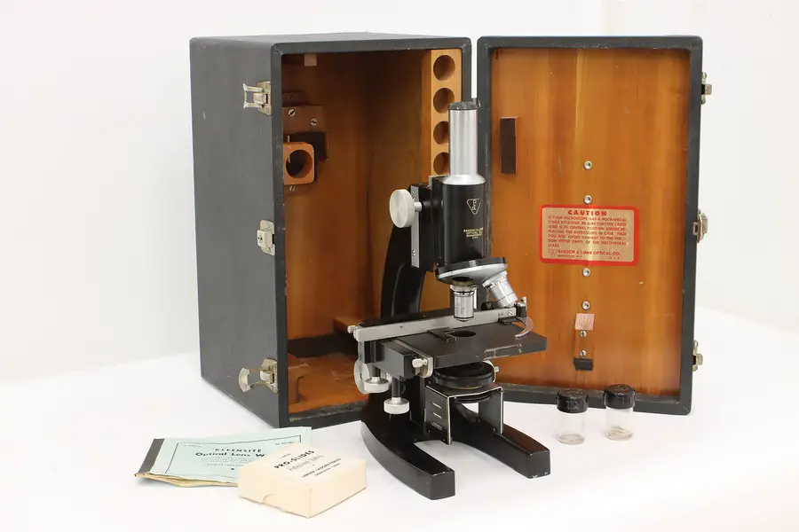 Photo of Industrial Vintage Microscope & Case, Slides, Bausch & Lomb