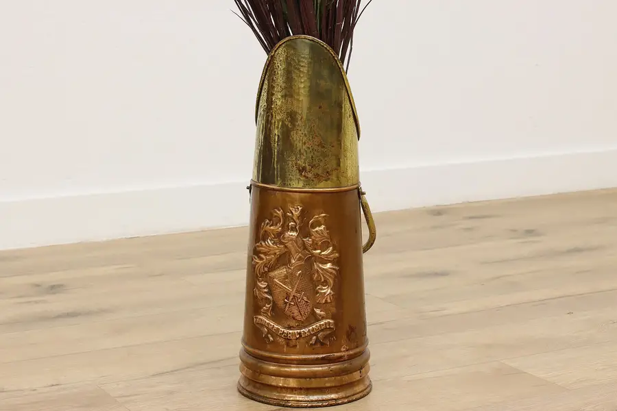 Photo of Farmhouse Antique Brass & Copper Coal Scuttle or Hod, Crest