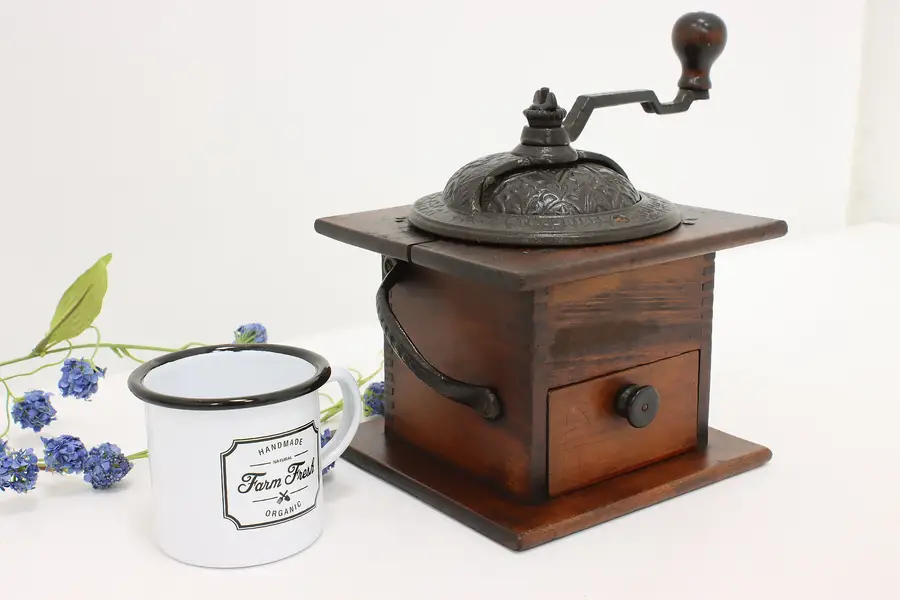 Photo of Farmhouse Antique Birch & Cast Iron Coffee Grinder, Logan