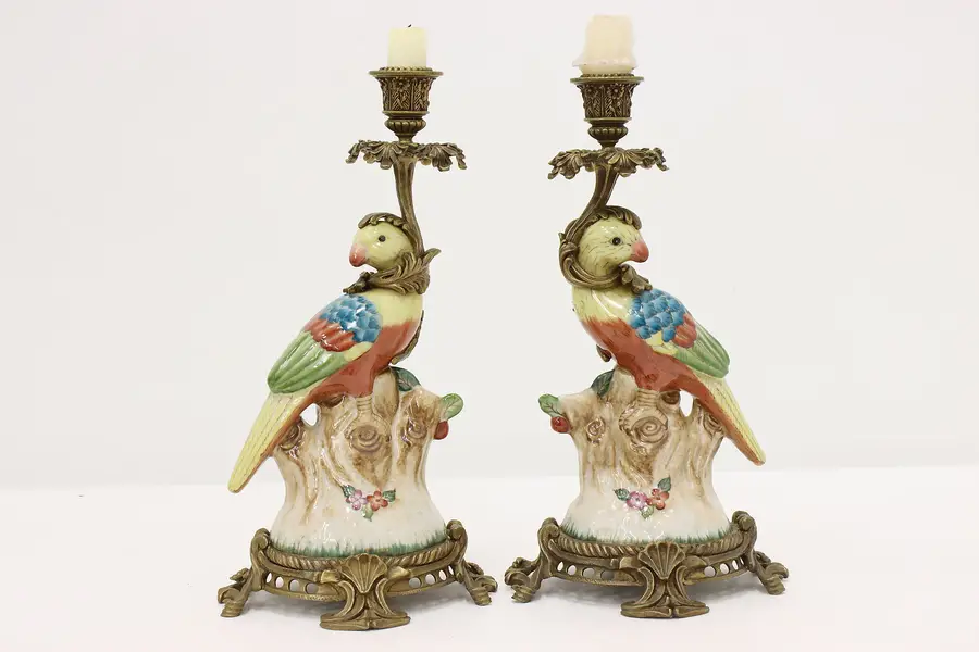 Photo of Pair of French Antique Ceramic & Brass Parrot Candlesticks