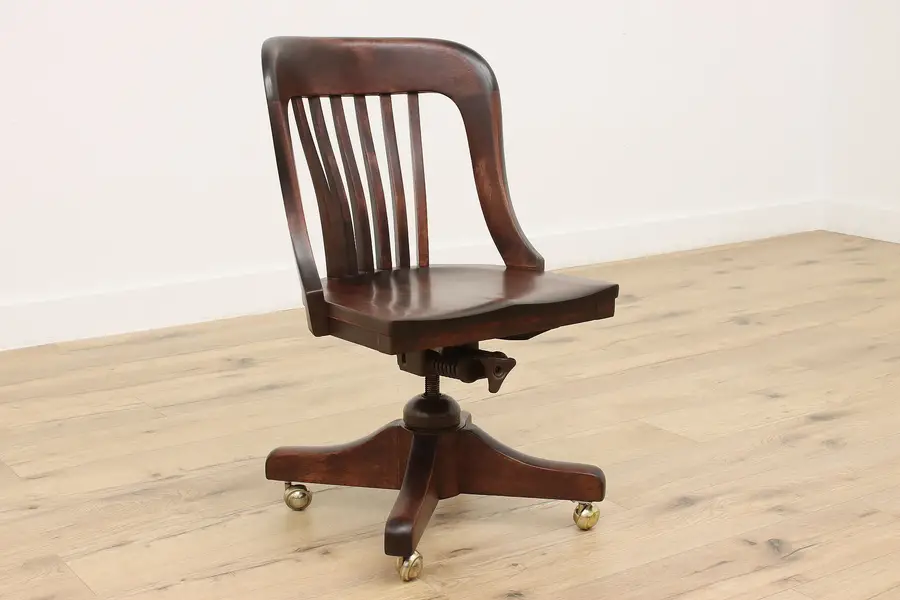 Photo of Birch Antique Office or Library Desk Swivel Chair, BL Marble