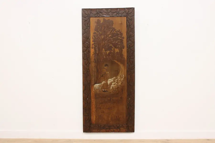 Photo of Folk Art Antique Burnt Wood Pyrography & Carved Panel, Sheep