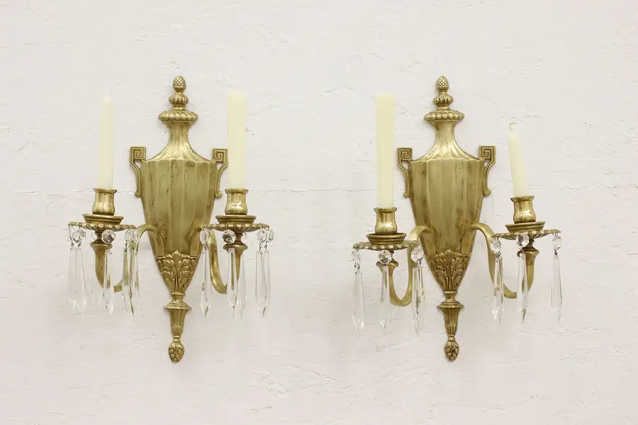 Photo of Pair of Classical Vintage Brass & Prisms Wall Candle Sconces