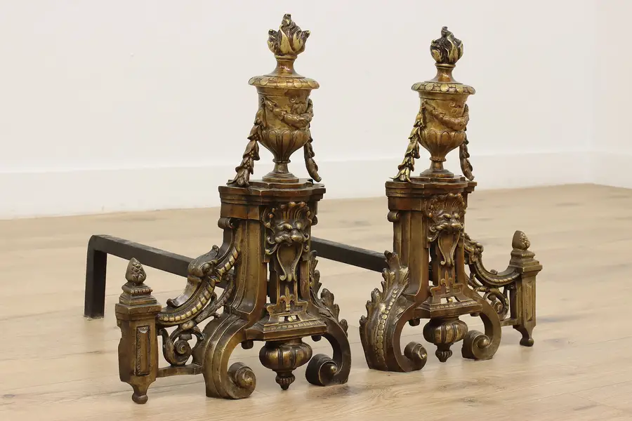 Photo of Pair of Antique Classical Brass Fireplace Andirons, Lions