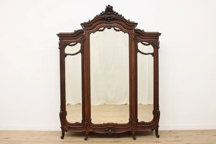 Photo of French Antique Carved Walnut Armoire or Wardrobe, Mirrors