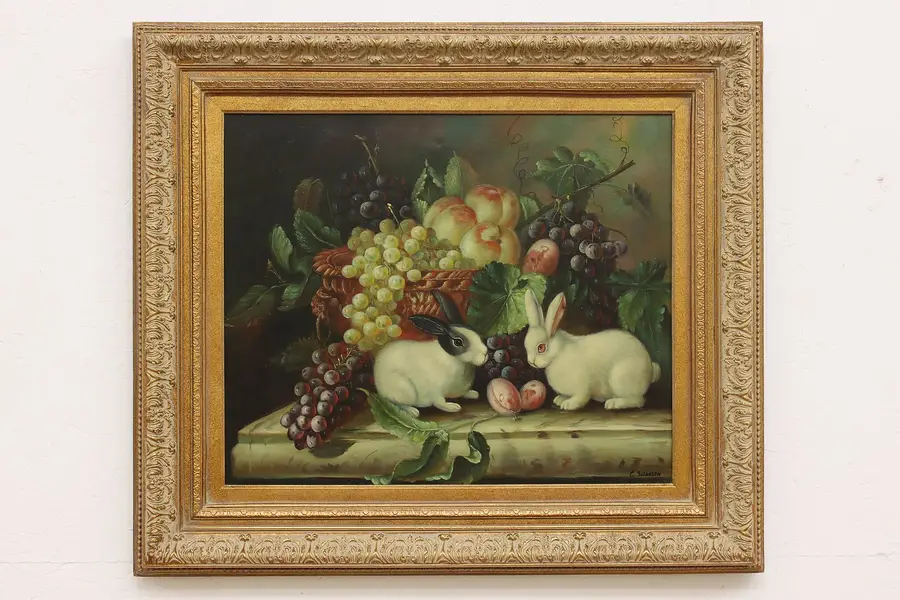 Photo of Rabbits Still Life Vintage Original Oil Painting Swanson 33"