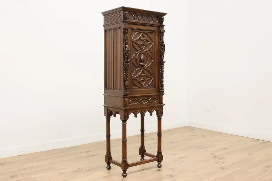 Photo of Gothic Antique Oak Bar or Hall Cabinet, Carved Figures