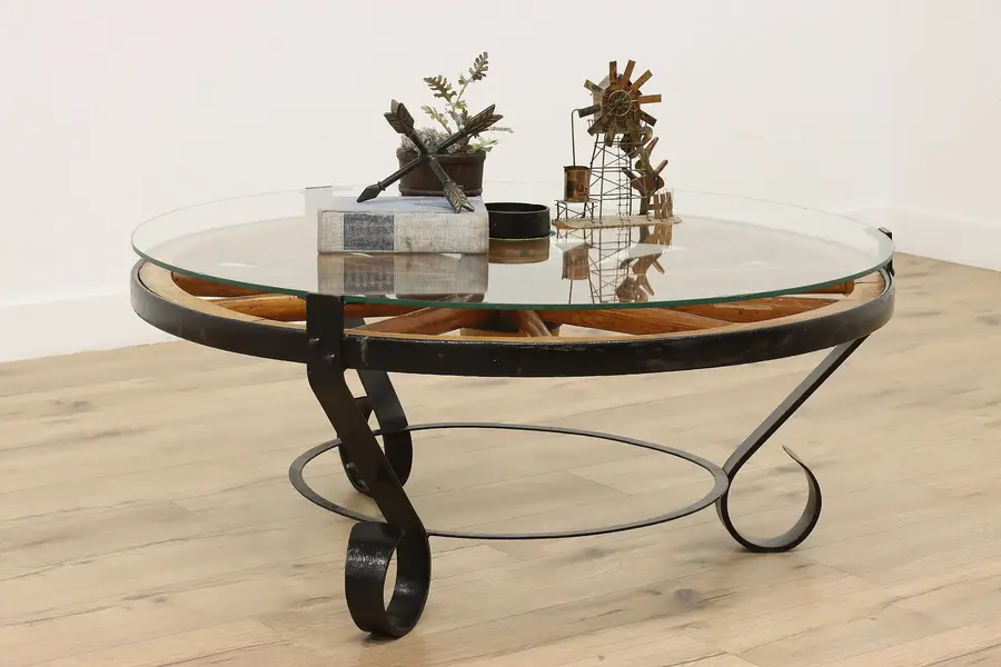 Photo of Farmhouse Antique Wagon Wheel w/ Glass Top Coffee Table