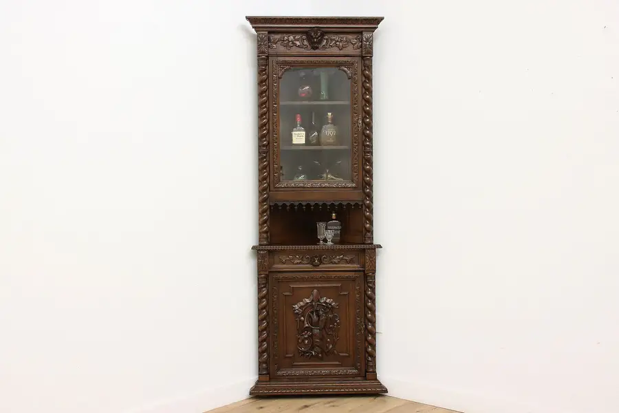 Photo of Black Forest Antique Carved Oak Corner Bar Display Cabinet