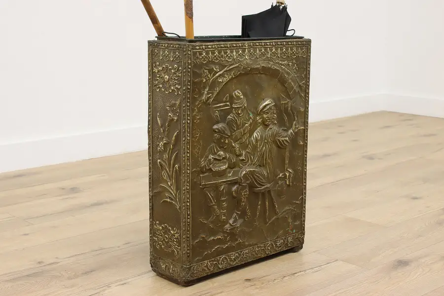 Photo of French Antique Embossed Brass Umbrella or Cane Stand, Tavern