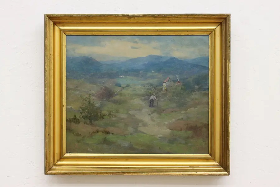 Photo of Mountain Farm Antique Original Oil Painting, Signed 23.5"