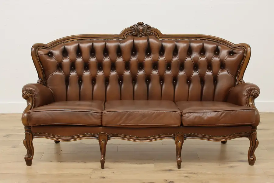 Photo of Rococo Design Vintage Carved Birch & Leather Sofa, D.B.F