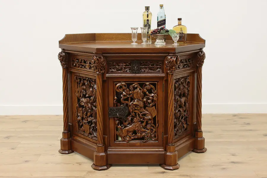 Photo of Gothic Antique Corner Bar Cabinet or Console, Knights, Lions