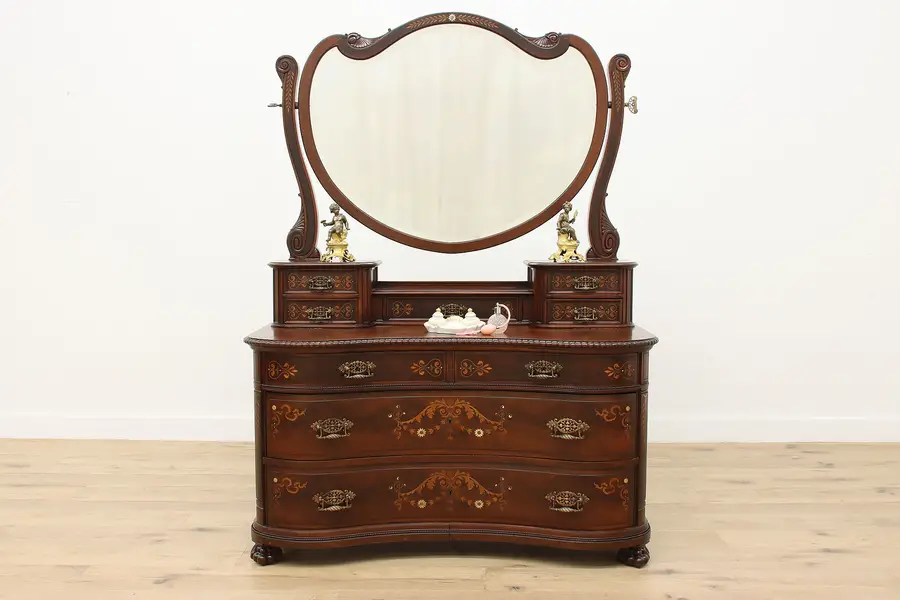 Photo of Victorian Antique Mahogany Dresser or Chest w/ Mirror, Pearl