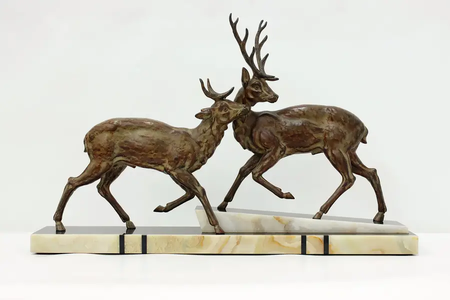 Photo of Art Deco Antique Pair of Stags Sculpture, Marble, Signed