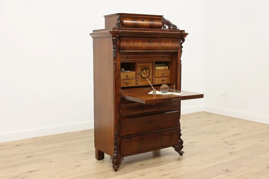Photo of Biedermeier Empire Antique 1850 Mahogany Marquetry Secretary