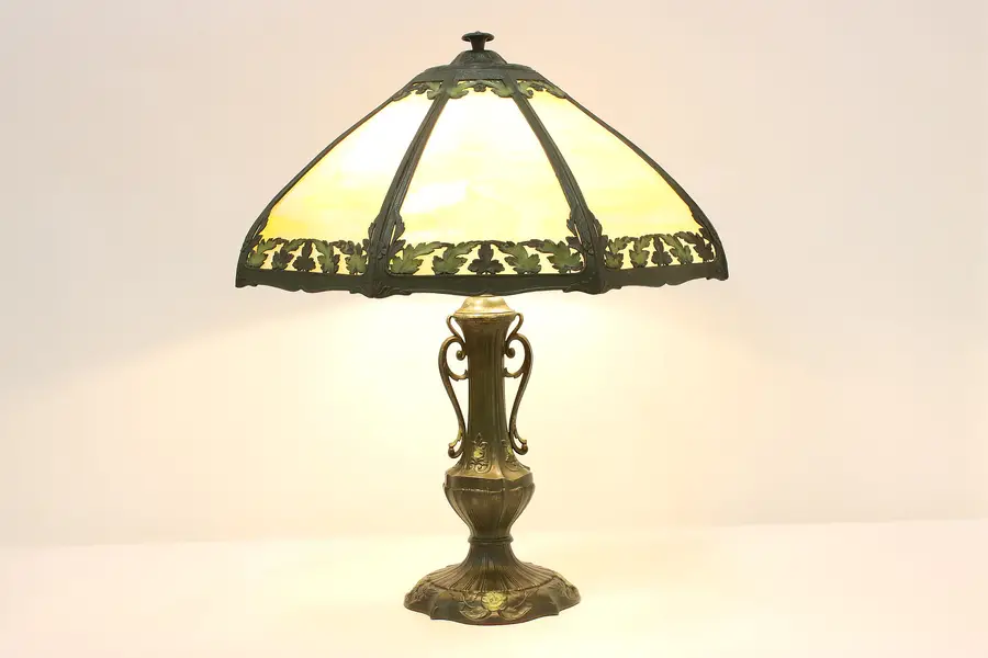 Photo of Art Nouveau Antique Stained Glass Lamp w/ Leaves, Rainaud