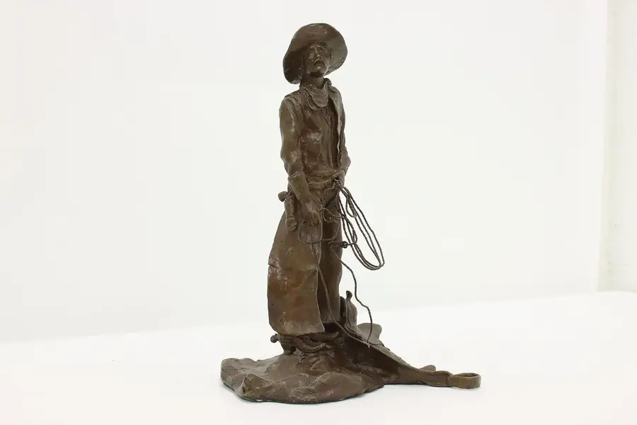 Photo of Bronze Vintage Cowboy & Saddle Sculpture, Bacon