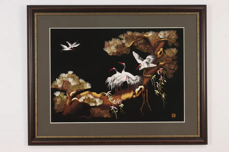 Photo of Red Crowned Cranes Vintage Framed Chinese Silk Embroidery