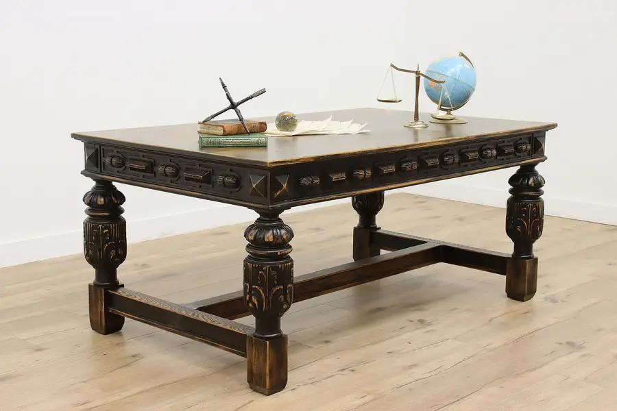 Photo of Tudor Antique Carved Oak Dining or Library Table