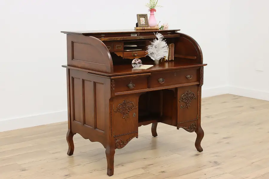 Photo of Victorian Antique Oak Roll Top Office or Library Desk, Macey