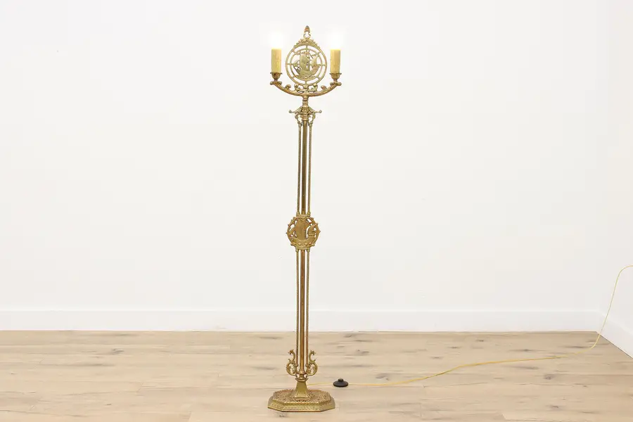 Photo of Victorian Antique Brass & Iron Floor Lamp, Ships