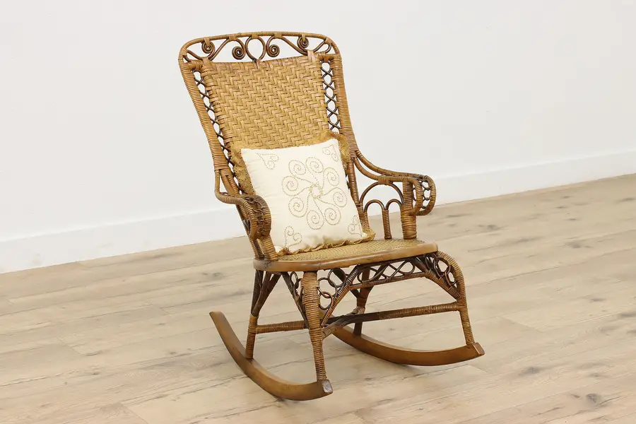 Photo of Victorian Farmhouse Antique Rocker Wicker Rocking Chair