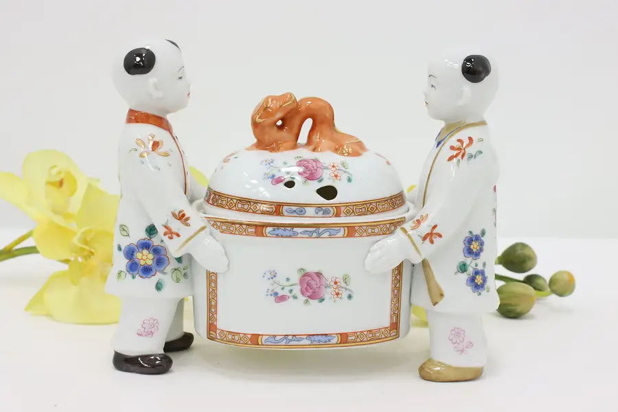 Photo of Chinese Vintage Hand Painted Porcelain Incense Bowl Figures