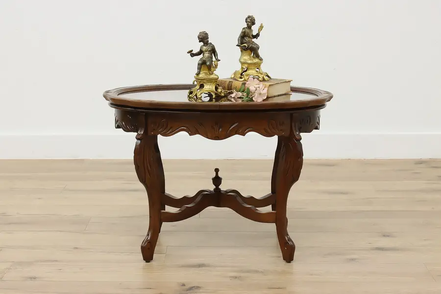 Photo of Carved Flowers Antique Coffee Table, Glass Tray
