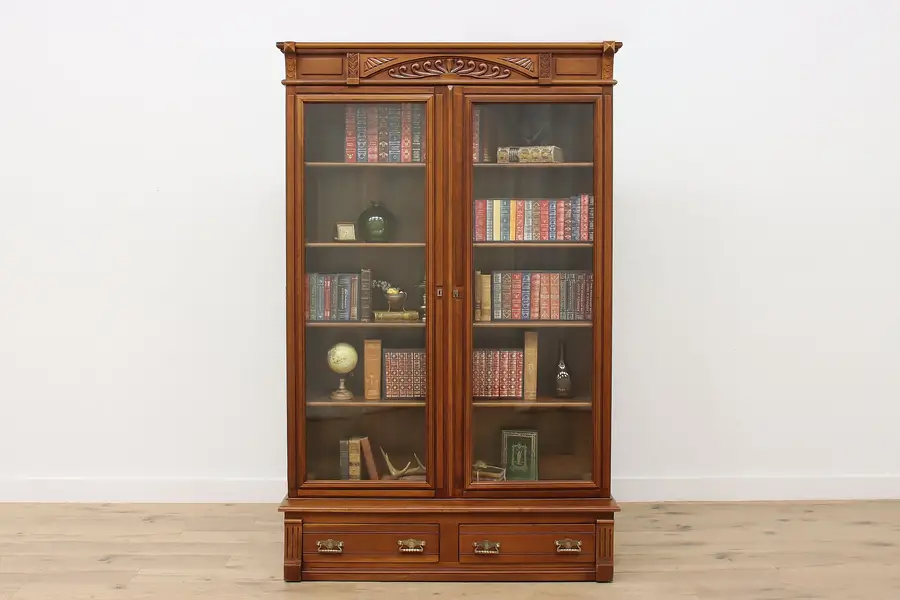 Photo of Victorian Eastlake Antique Carved Cherry Bookcase or Display