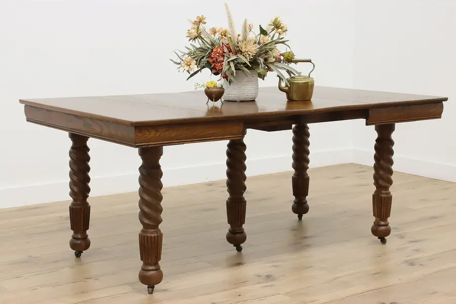 Photo of Victorian Farmhouse Antique Carved Oak Dining Table 2 Leaves