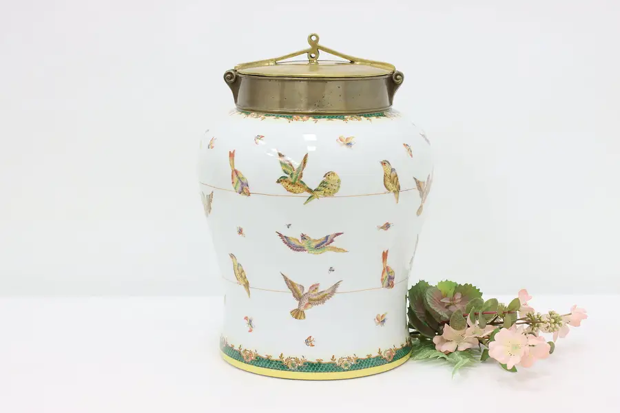 Photo of Chinese Vintage Porcelain Jar, Brass Lid, Hand Painted Birds