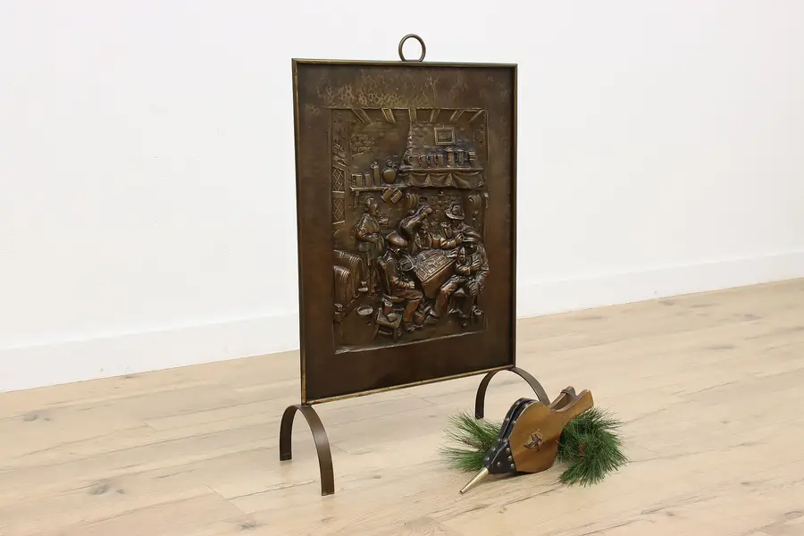 Photo of Farmhouse Antique Brass Fireplace Screen, Tavern Scene