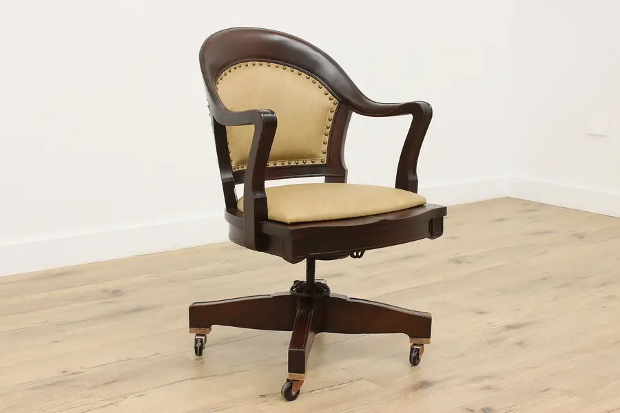 Photo of Leather & Mahogany Antique Swivel Desk Chair, Milwaukee