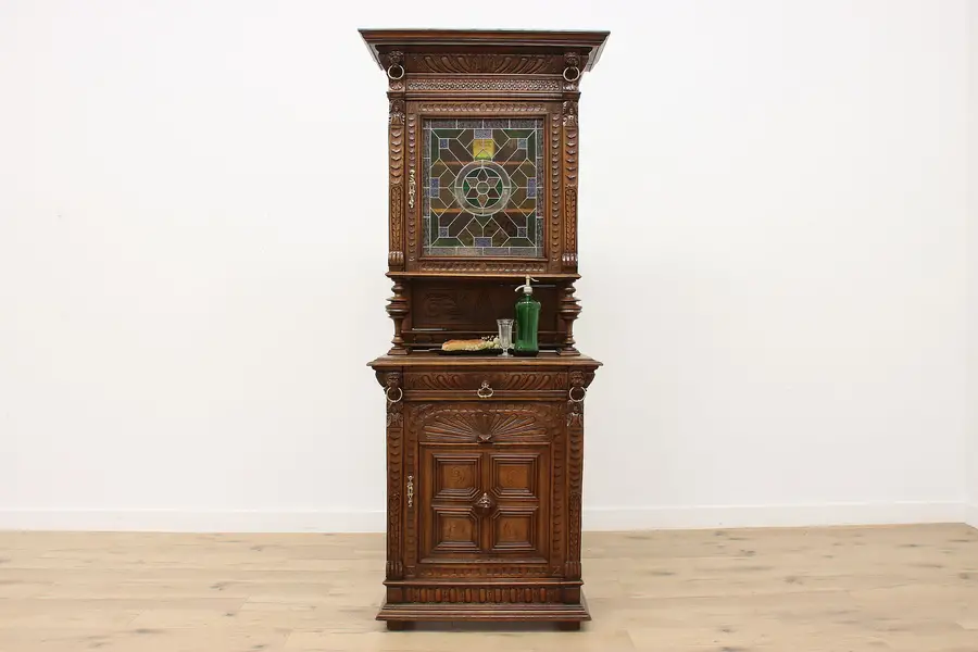Photo of Renaissance Antique Carved Oak Bar Cabinet, Stained Glass