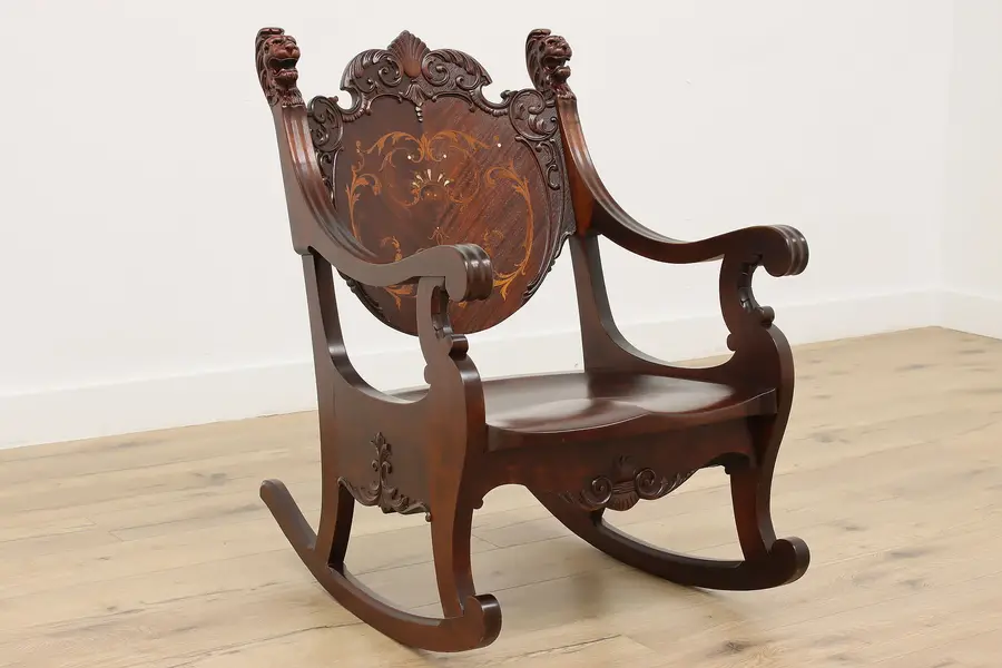 Photo of Victorian Antique Marquetry & Pearl Rocking Chair Lion Heads