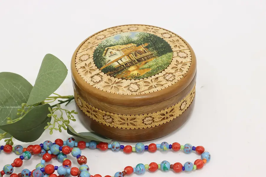 Photo of Walnut Vintage Jewelry Box w/ Leather & Painted Watermill