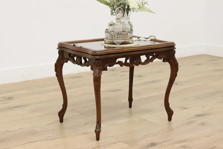 Photo of French Design Vintage Carved Walnut Coffee Table w/ Tray
