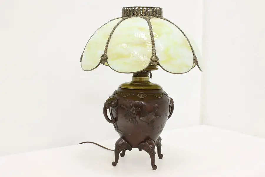 Photo of Japanese Antique Stained Glass & Bronze Vase Lamp, Kyoto