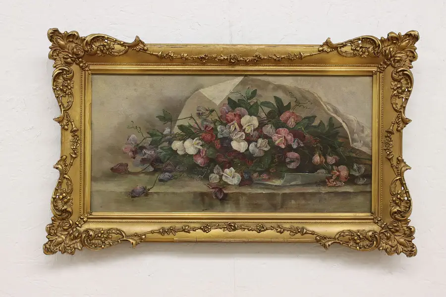 Photo of Flower Bouquet Antique Original Oil Painting 26"