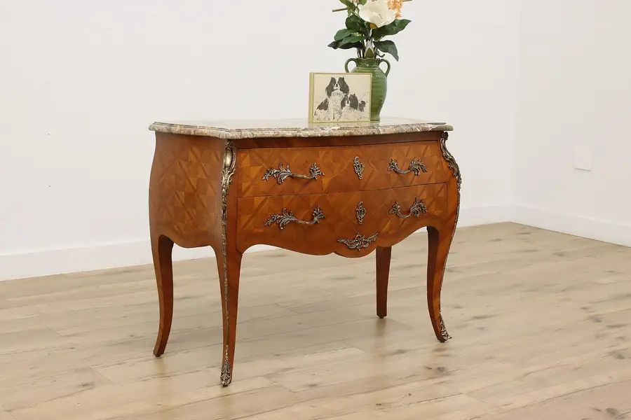 Photo of Bombe Antique Tulipwood French Chest or Hall Console, Marble