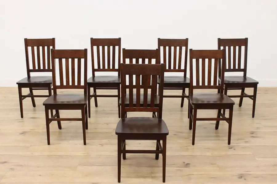 Photo of Set of 8 Antique Craftsman Oak Dining or Game Chairs