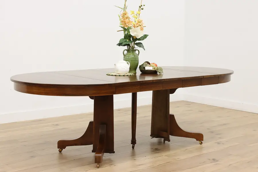 Photo of Craftsman Antique Round 45" Oak Dining Table, 5 Leaves Lentz