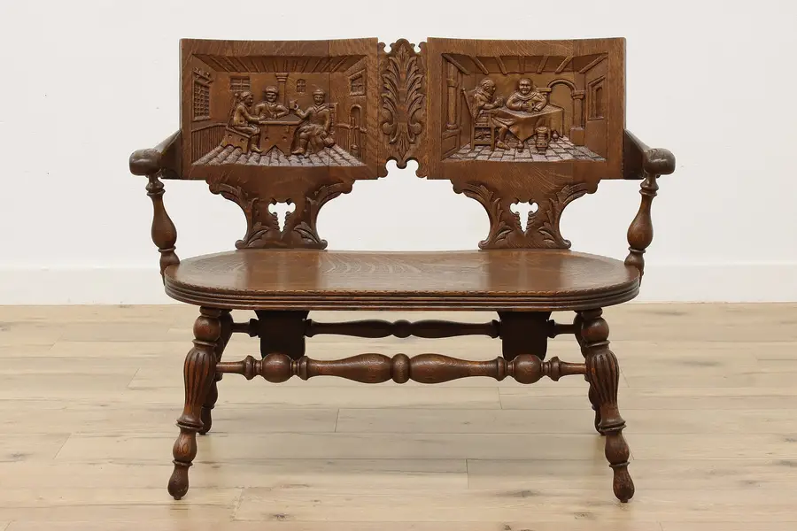 Photo of Renaissance Design Antique Hall or Porch Bench Carved Scenes